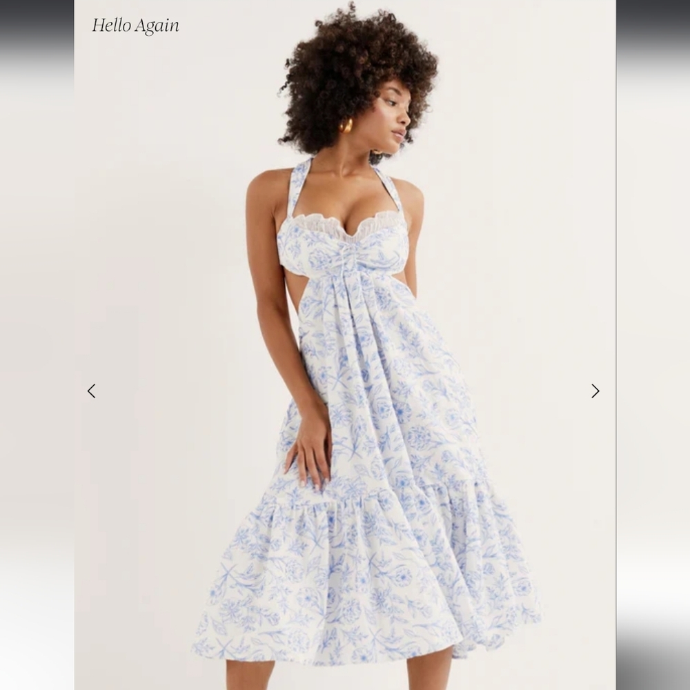 For Love & Lemons White and Blue Maisie Floral Cutout Midi Dress Size Small